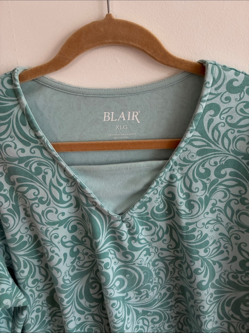 Blair Seafoam and Teal Scroll V-Neck Top, 3/4 length sleeves. Easy to wear!